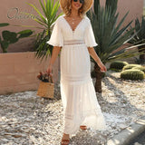 2022 Summer Women Long Chiffon Dress White Lace Sexy Maxi Tunic Beach Dress Holiday