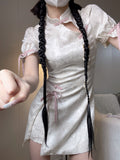 Harajuku Cheongsam Dress Women Sweet Floral Bow Bandage Lolita Dresses Y2k Sexy Aesthetic Puff Sleeve Vestido