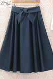 Women Preppy Style Summer Skirt Casual A-line Solid With Belt Mid-length Fashion Elegant Chic Girls Midi Skirts