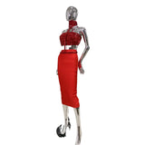 High Quality Fashion Red Hanging Neck Sexy Full Diamond Mini Top + Tight Height Waist Half-Dress