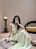French Holiday Style V-Neck Hanging Neck Wood Ear Dress Chiffon Three-Dimensional Flowers Bare Back Sexy Evening Dress