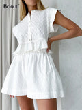 White Shorts Suit Woman 2022 Summer Short Sleeve Ruffle Jacquard Top Vacation Wide Leg Shorts Sets Women 2 Pieces