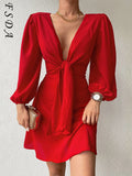 2021 V Neck Bandage Dress Party Women Black Long Puff Sleeve Mini A Line Autumn Winter Wrap Dresses Elegant Red Sexy