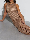 Round Neck Knitted Maxi Dress Women Sleeveless Hollow Out Bodycon Robes 2024 New Fashion Lady Beach Party
