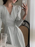 V-neck Long Sleeves Midi Dresses for Women 2023 Autumn New Elegant Party Fashion Slim Vintage Casual Blue Female