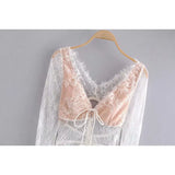 New Women's Low-Chest Romance V-Neck Long Sleeves After The Hollow Bubble Bubble Sleeve Lace Tset
