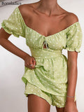 Polka Dot Women's Suits Summer V-Neck Hollow Out Lace Up Lantern Sleeve Prairie 2 Pieces Elastic Waist Shorts