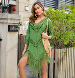 Queens Women Solid Half Sleeve Beach Tassel Loose Bohemian Mini Dress Ladies V-neck Boho Sundress