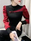 Women Full Puff Sleeve Beading Cotton T-shirts Girl Patchwork Contrast Color T Shirt Female Autumn