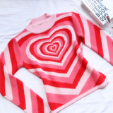 2000s Aesthetics Heart Striped Turtleneck Pullovers E-girl Sweet Long Sleeve Hot Pink Sweater Harajuku Knitwear