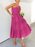 Summer Green Long Dress Women Elegant One Shoulder Dress Ladies Floral Print Maxi Party Pleated Dress For