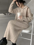 Vintage Long Dress Women Korean Fashion Hooded Design Knitted Dress Winter Warm Office Lady Occasion Sweater Dress
