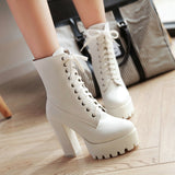 Women Lacing High Heel Ankle Boots Platform Female Boots Shoes Round Toe Ladies Party Shoes Rubber Sole Promotion Black