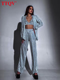 Fashion Black Glitter Women Two Piece Outfits 2022 Elegant Loose Long Sleeve Tops And High Waisted Trousers Female