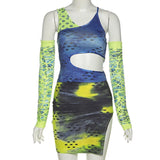 Cyber Y2K Aesthetics Hollow Out Print 3 Piece Suits Retro 90s Streetwear Patchwork Crop Tops Slit Mini Skirt Co-ord