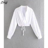 New Women High Street Cross Shinning Satin Short Shirt Female Hem Lace Up Blouse Chic Blusas Crop Tops