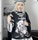 Y2k Fashion Fake Two Pieces Cartoon Print T-shirts Women Casual Loose Grunge Tops Aesthetic Fairy Harajuku Kawaii