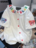 Peter Pan Collar Women Blouse New Cartoon Embroidery Sweet Preppy Shirts All Match Harajuku Casual Short Sleeve