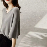 Ice Silk Knitting Shirt Petal Sleeve V-neck Loose T-shirt Ladies Half Sleeve Casual Tops Female Fashion Clothing