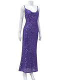 Purple Sequin Cowl Neck Backless Midi Dress- Outfit