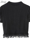 Black Knitted Vest Women Ruffle Women's Sleeveless Sweater Cropped Sweaters Women Winter 2023 Knit Top O-Neck