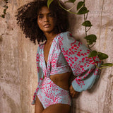V- Neck Bandage Print Long Sleeve Swimwear Women Monokini Sexy Bathing Suit String Backless Beachwear Pus Size