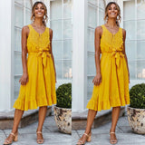 2020 Summer Fashion Sexy O Neck Bandage Hollow Out Women's Dress Casual Belt Tunic Solid Sleeveless Ruffle Ladies