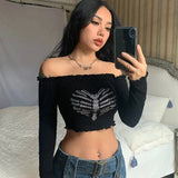 Shoulder Sexy Gothic Crop Top T-Shirts Grunge Clothing Tee Cyber Y2K Shirt Core Tops Women Clothes crop Rhinestone