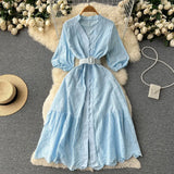Zingj Hollowed-Out Dress Women's Bubble Sleeves New Loose Embroidery Light Ripe Wind Waist Showing A Long Skirt With Thin Lotus