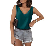 Solid Color Satin Vest V-Collar Casual Sling Sleeveless Shirt Summer Basic