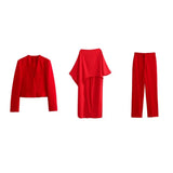 Collarless Short Suit Jacket Asymmetric Cloak Shirt High-Rise Straight Trousers Suit