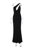 One Shoulder Deep Neck Open Back Black Maxi Dress- Outfit