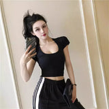 Zingj Solid Color Slim Sexy Female Short Sleeve U Collar T Shirt Basic Korean Version Short Jacket Ebay-Outfit