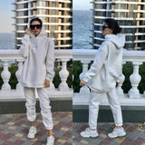 Women Tracksuits Autumn Winter Warm Thick Fleece Solid 2 Pieces Sets Female Casual Long Sleeve Hooded Sweatshirt
