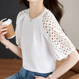 Hollow Short Sleeve White Blouse O Neck Women Simple T-shirt Elegant 2023 Tops New Casual Loose Ladies Shirt Blusas