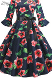 Print Vintage Dress Christmas Dress Women Winter Elegant Party Dresses Petal Sleeve Casual Midi