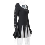 Black Long Sleeve White Frill Patchwork Bow Mini Dress-Outfit