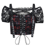 Sexy Black Plaid Lace Blouse Gothic Emo Tops Patchwork Shirt Femme Blusas PU Leather Women Blouse Slash Neck Vintage