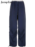 2022 Summer y2k Blue Cargo Pants Womens Outifit Drawstring Baggy Sexy Crop Top and Low Waist Wid Leg Pant Set