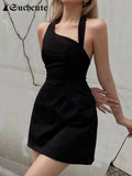 SUCHCUTE Gothic Solid Black Halter Dresses For Women Summer Party Mini Dress 90s Aesthetics Slim Clubwear Female A-Line
