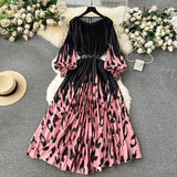 Zingj New Women's Dress Dress Oversized Printed Pleated Pleated Waist Belt Holiday
