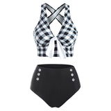 Checkered Criss Cross Tied Button Embellished Tankini Swimwear Padded Bikinis Set Wire Free Plunging Neck For