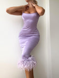 FEATHER TRIM MIDI Party Dress 2022 New Women's Bodycon Dress Elegant Sexy Evening Club Dress High Quality Summer