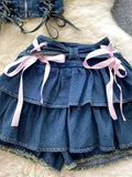 Hotsweet Denim Two Pieces Sets Zipper Strapless Y2K Top+Elastic Mini Culottes Lace Up Cross Bandage Streetwear Suits 211-1-Outfit