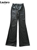 Spring Autumn Cool Casual Soft Black Pu Leather Floor Length Flare Pants for Women High Waist Korean Style Fashion