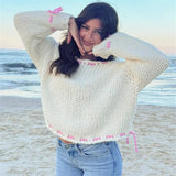 White Pink Ribbion Trim Sweater-Outfit