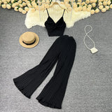 Zingj Suit Female Feel V-Neck Kink Sling Vest Two-Piece High Waist Slim Pleated Wide Leg