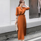 Summer Pleated Sexy Bodycon Long Dress Women Vintage Chiffon Long Sleeve Party Dress Casual Vestidos Woman Bow Belt