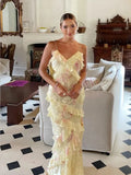 Seaside Holiday Wind V-Neck Suspension Dress 2025 New High-End Printed Lotus Leaf Side Design Long