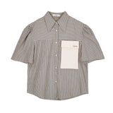 Summer 2022 Womens Fashion Striped Puff Sleeve Short Sleeve Shirt Pocket Blue Korean Fashion Blouse Designer